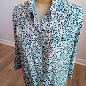 Kim Roger's Plus Size 1X Turquoise Cheetah Blouse